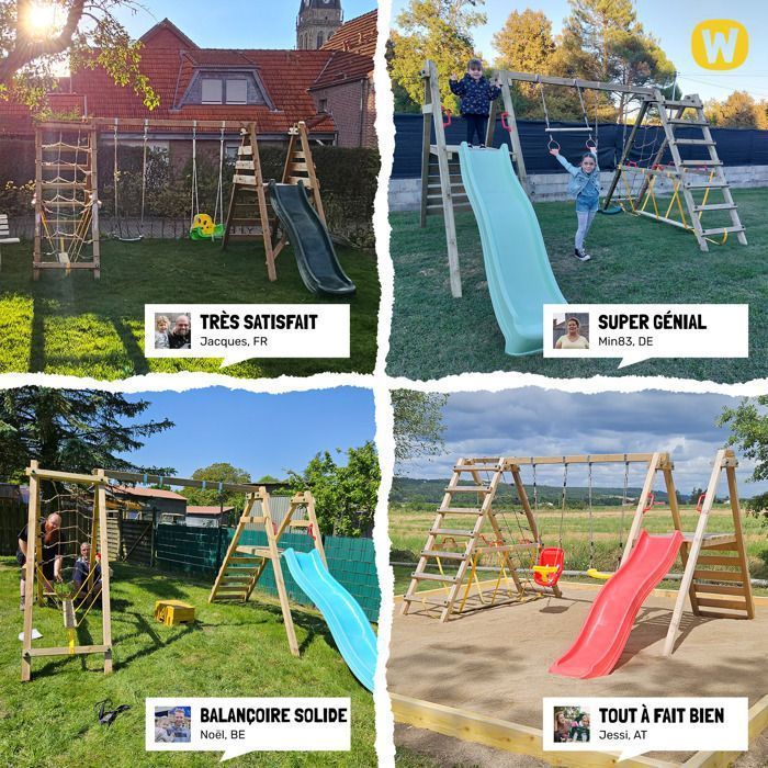 Balançoire double bois WICKEY Smart Hike bleu avec module d’escalade et poutre d’équilibre – 10 ans de garantie*