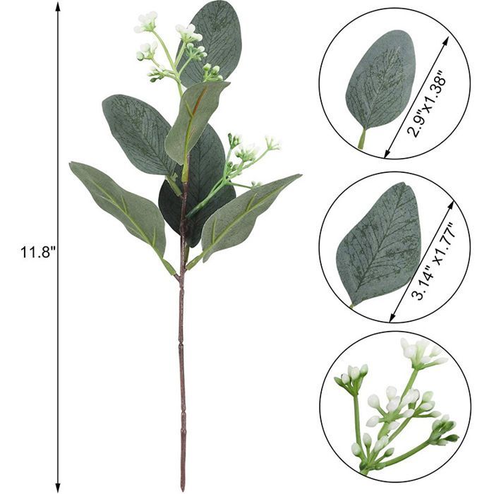 Feuilles d'eucalyptus artificielles - ULISEM - 20 feuilles - Gris-vert - Graines blanches - 34,5 cm de haut