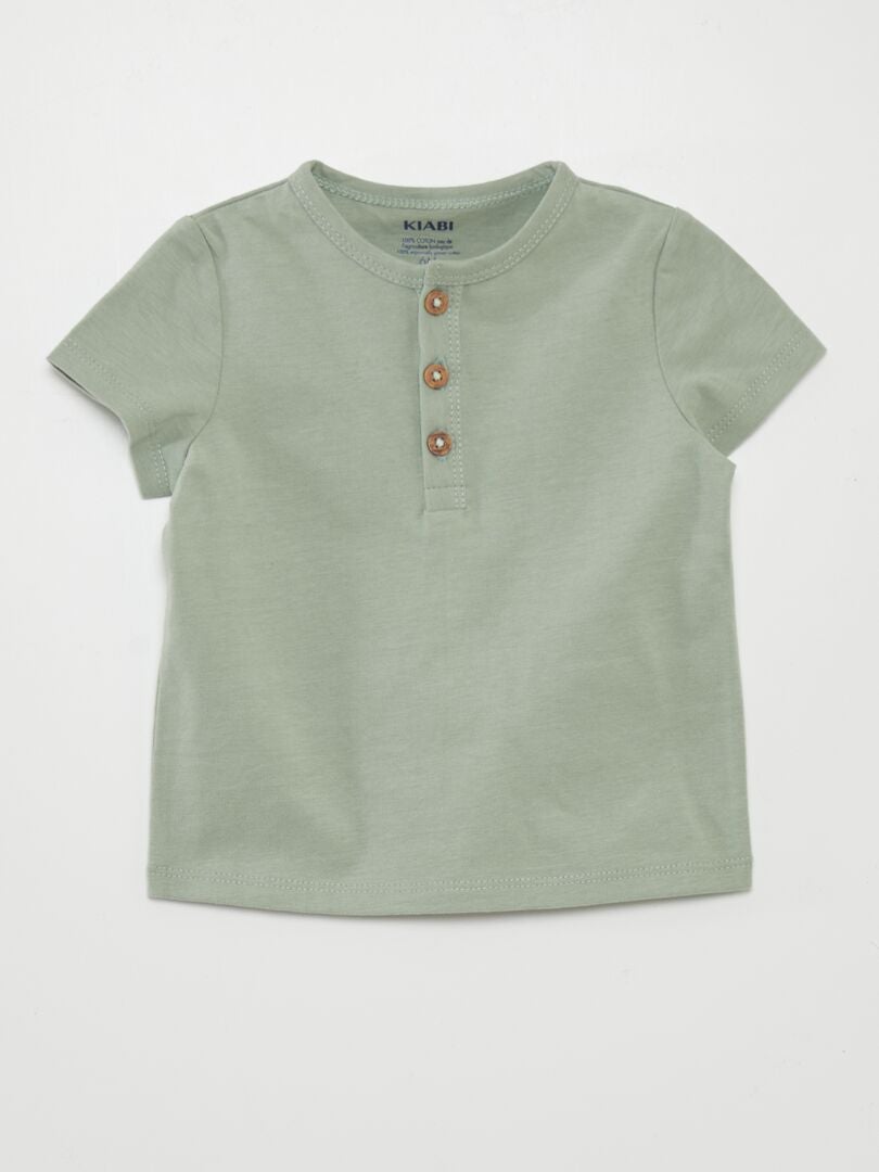 Effen T-shirt met knoopsluiting in de nek - GROEN