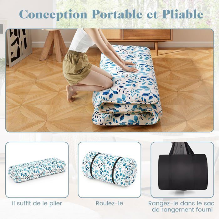 Colchón futón COSTWAY de 140 x 200 cm, con sobrecolchón extraíble y lavable, colchón portátil para suelo con bolsa de transporte y estampado de hojas.
