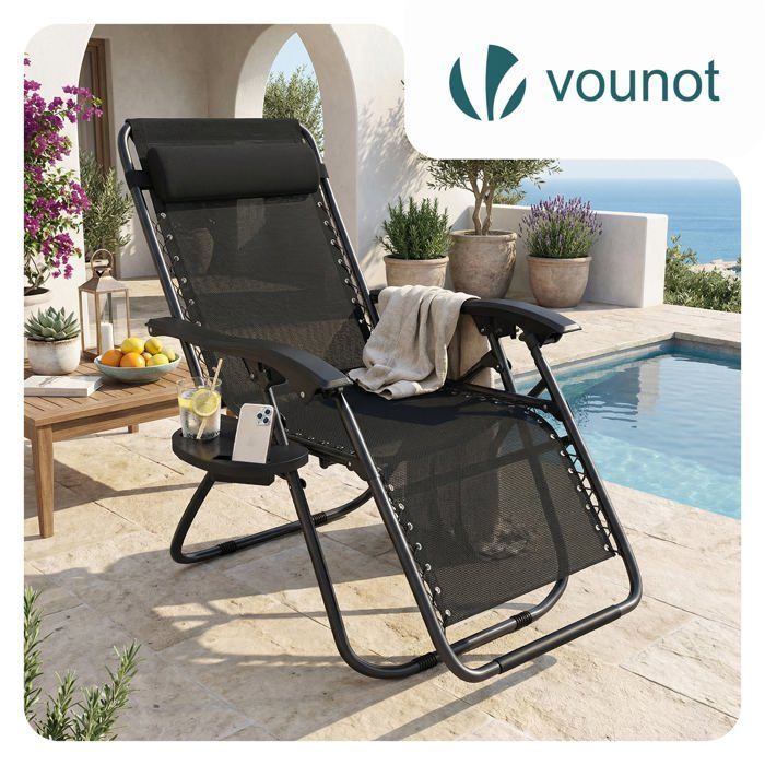 Tumbona reclinable plegable VOUNOT® de Textilene con portavasos - Carga máxima 120 kg - Negra
