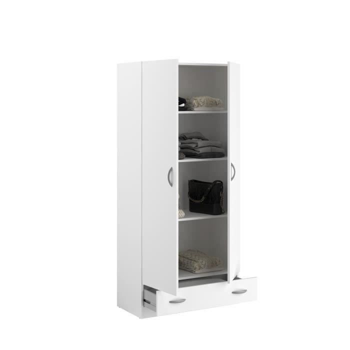 PARISOT Armoire 2 portes battantes + 1 tiroir - Panneaux de particules - Décor Blanc - L 78 cm x P 38 cm x H 170 cm - VARIA