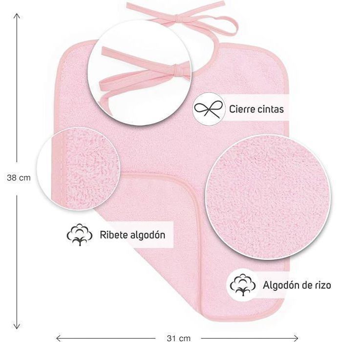 Ti TIN | Pack de 3 Bavoirs en Éponge | Pour Bébé de Plus d'1 An | Fermeture avec Rubans | Couleurs Unies Rose Pastel | 32x36 cm