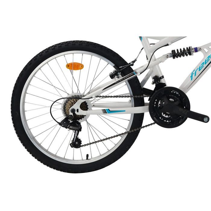 Vélo VTT 24'' Tout Suspendu équipé de 18 vitesses via un dérailleur Shimano, de Freins V-Brake et de Jantes en Aluminium