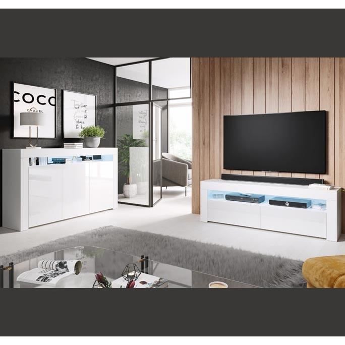 TV-Möbel fürs Wohnzimmer mit LED-Beleuchtung | Hochglanzweiß | 2 Türen mit je 2 Fächern | 140 x 50,5 x 35 cm | Modell Aker