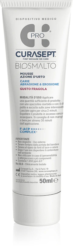 Curasept Biosmalto Mousse ir medicīniskas putas, kas atjauno zobu emalju.