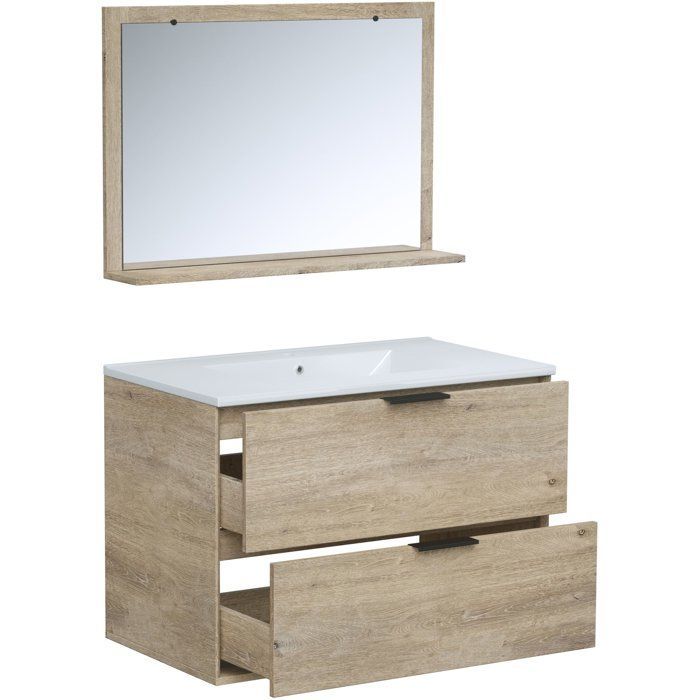 Conjunto de baño - Mueble de baño con 2 cajones - Lavabo - Ancho 180 x Profundidad 45 x Alto 55 cm - Espejo - Bisel