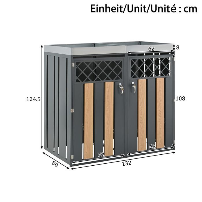 Cobertizo para contenedores HOMVRA, tapa de 2 compartimentos con jardinera integrada, puertas ventiladas en forma de diamante, acero, gris.