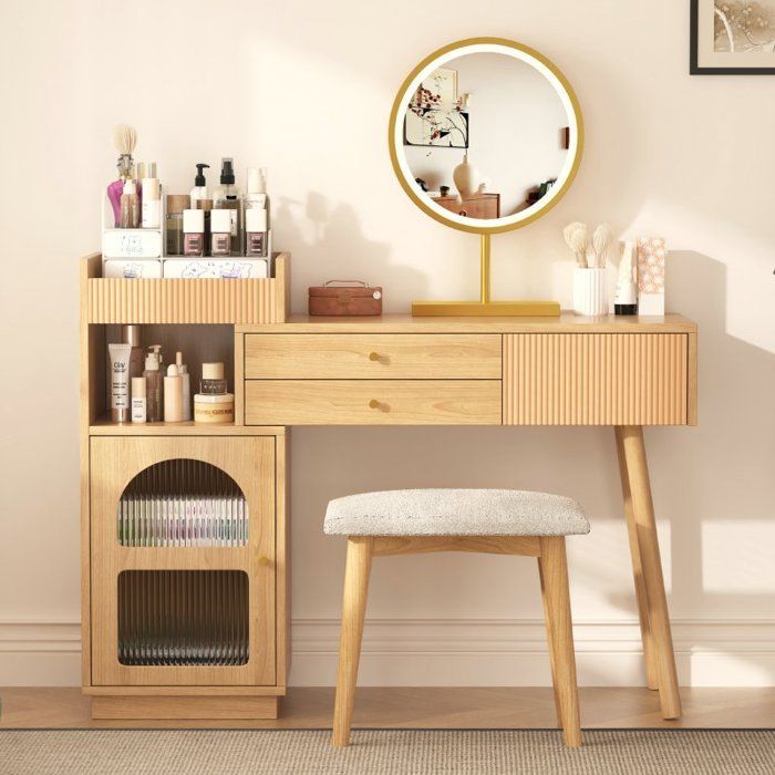 Dressing table set - LANGTU - Dressing table with mirror and 3-color lighting - 3 drawers - E1 particleboard - Rainbow glass doors