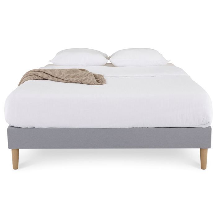 Base de cama tapizada VANNES de 120 x 190 cm, estructura de madera y revestimiento de tela gris, estructura de cama con patas y somier de láminas.