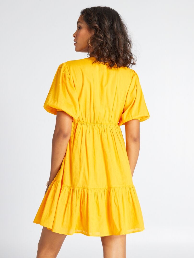Vestido acampanado con volantes de voile de algodón - AMARILLO