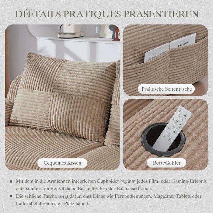 Modulaire 2-zitsbank - LANGTU - Modulaire 2-zitsbank - Corduroy - Voetensteun en bekerhouder - Khaki