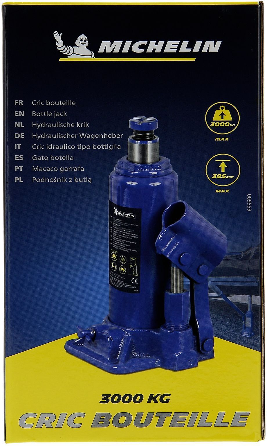 Cric hydraulique bouteille 3 tonnes hauteur levage 195mm à 385mm - MICHELIN - Pour le levage de voiture, SUV, utilitaires, 4x4.