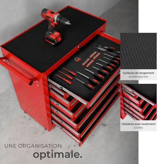Carrello da officina - TECTAKE - Carrello da officina in acciaio con 7 cassetti, 69 x 33 x 79 cm - Rosso