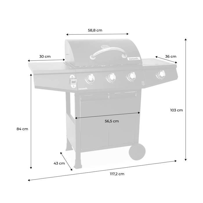 Barbecue a gas Treville - 3 bruciatori + 1 bruciatore laterale, nero, con termometro