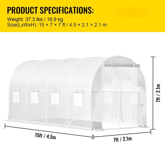 Gartengewächshaus – DUOKU – Mophorn-TG-1577WHITE – 4,6 x 2,1 x 2,1 m – Verzinkter Stahl – Weiß