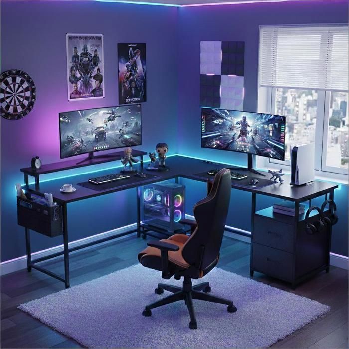 Scrivania angolare da gaming - Tavolo da gaming a L con supporto per monitor - 2 cassetti portaoggetti - 3 porte CA + 2 porte USB - 120x120x75 cm - Nero