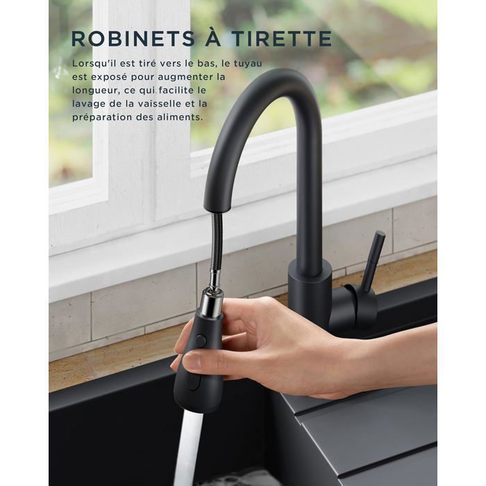 Grifo de cocina negro, con cabezal rociador extraíble y caño giratorio de 360°. Control único para agua fría y caliente.