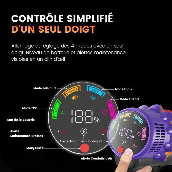 Aspirateur Balai sans Fil Erabros EV5-600W/70KPa/80 Min-Écran LED-4 Modes-Batterie Amovible-Anti-Emmêlement-LED Verte