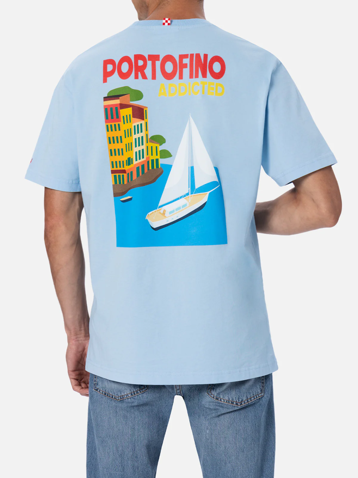 Heren katoenen T-shirt met print van een ansichtkaart van Portofino