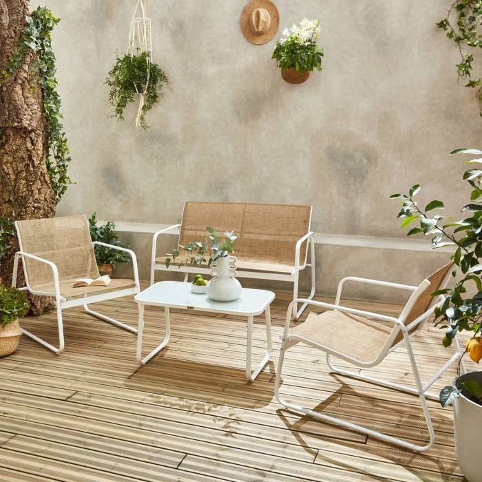 Conjunto de muebles de jardín de metal y textilene para 4 personas. Blanco y natural. Diseño
