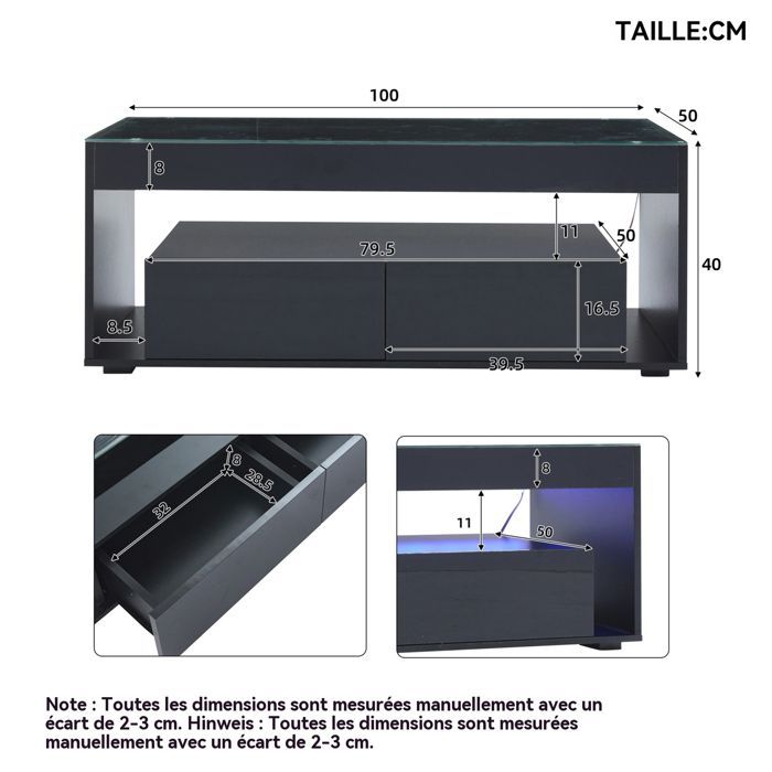 Tavolino moderno con illuminazione a LED a 16 colori, 2 cassetti, finitura laccata lucida, nero