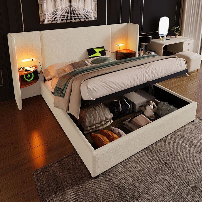 Upholstered storage bed 180x200 cm with long backrest, bedside table, reading lamp, USB Type-C, hydraulic storage, linen, beige
