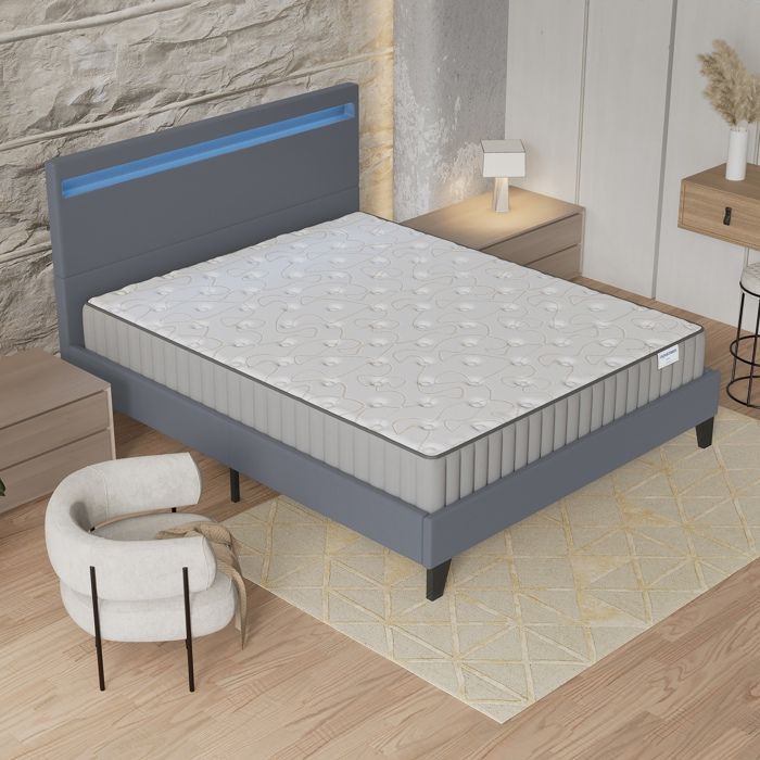 Colchón y cama Orionis (140 x 190 cm) 22 cm de espuma viscoelástica y espuma de alta densidad + base de láminas estable y cabecero LED gris