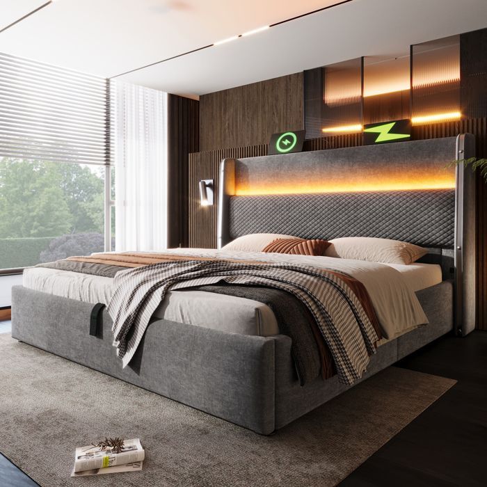 Letto matrimoniale imbottito 160 x 200 cm con contenitore, illuminazione a LED, vano portaoggetti e testiera alta - Effetto lino grigio (materasso non incluso)