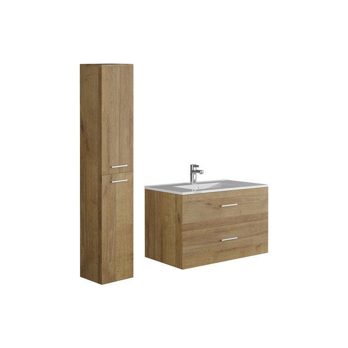 Wandhängender Waschtisch mit Einzelwaschbecken und Stauraumsäule – Helle Naturfarbe – 80 cm – KAYLA
