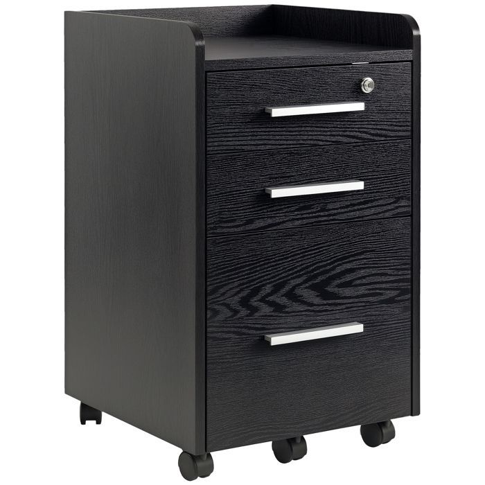 Caisson de bureau rangement HOMCOM bureau sur roulettes 3 tiroirs 1 verrouillable 1 trieur dossiers en bois noir
