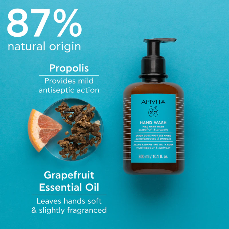 Apivita Hand Care Milde Handzeep, een milde vloeibare handzeep.