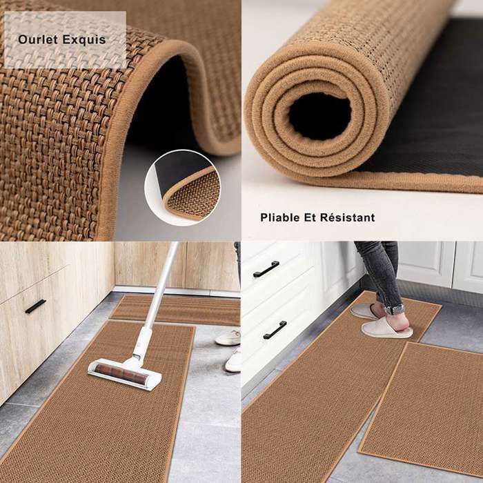 Tapis de Cuisine en Lin Antidérapant 45x150cm - Dos en Caoutchouc, Imperméable, Anti-Huile, Facile à Nettoyer - Marron
