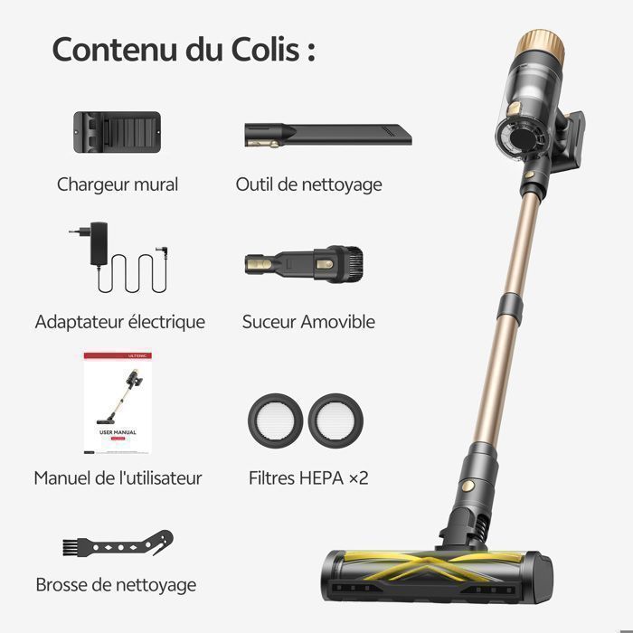 Aspirateur Balai Sans Fil ULTENIC U15 –Ultra Puissant (75 kPa) –Longue Autonomie 70 min –Autoportant –Batterie Amovible –Écran LED