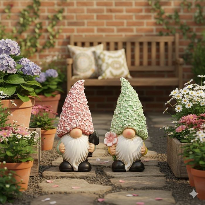 Juego de 2 gnomos de jardín de magnesio, 21 cm.