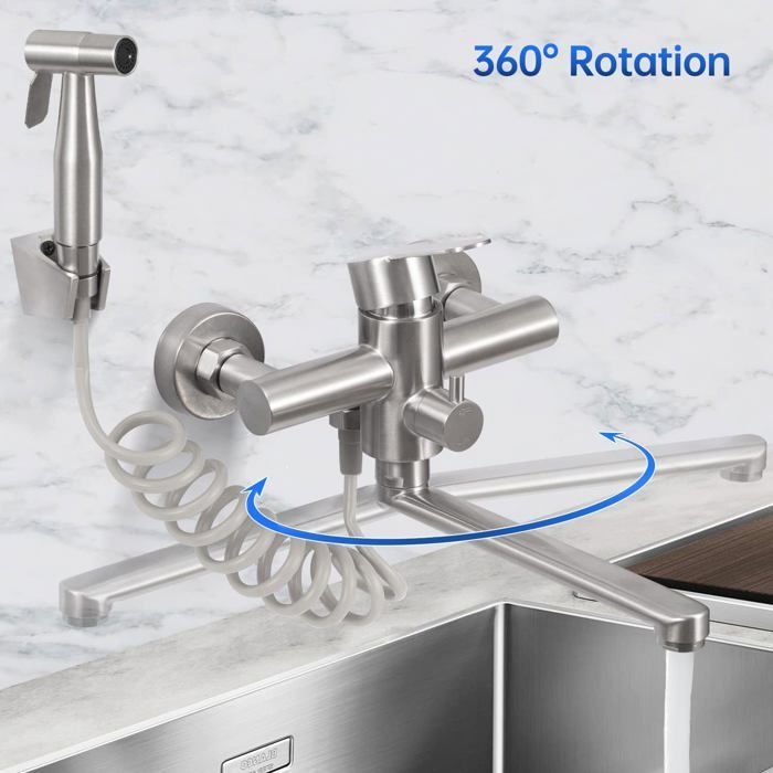 Grifo de cocina mural, grifo mezclador mural con rociador, grifo mezclador giratorio de 360°, caño giratorio de 23 cm, acero inoxidable.