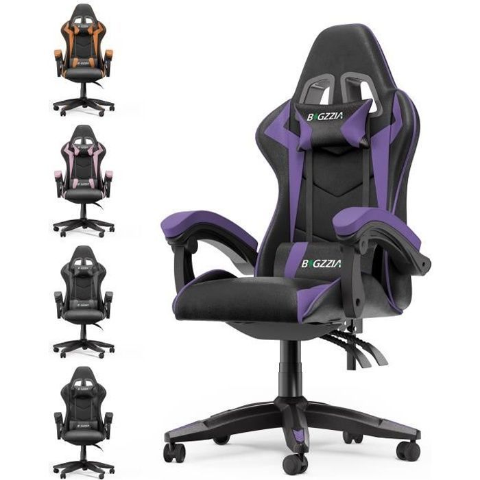Sedia da gaming, sedia da ufficio ergonomica, sedia da gaming girevole, con cuscino e schienale, braccioli regolabili, nera e viola