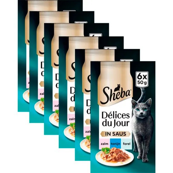 Sheba Délices du Jour u umaku s lososom, tunom i pastrvom u vrećicama za mačke<br>36 x 50 g