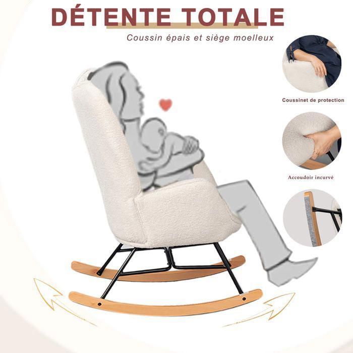 MEUBLES COSY Fauteuil à bascule allaitement scandinave avec accoudoirs en tissu mouton bouclette beige à surpiqûres - FUNKEL