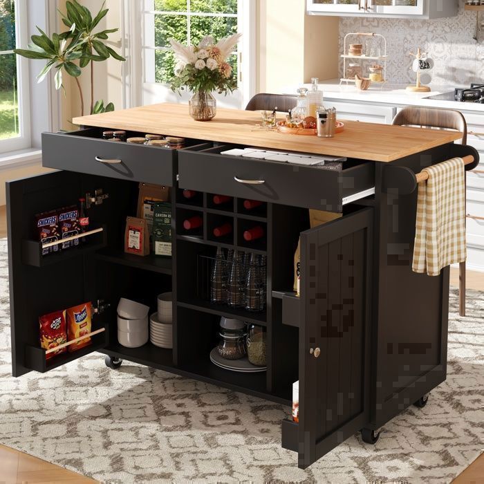 Carrito de cocina - Aparador con ruedas - Botellero + Estantes ajustables + Espacio de almacenamiento lateral - Negro