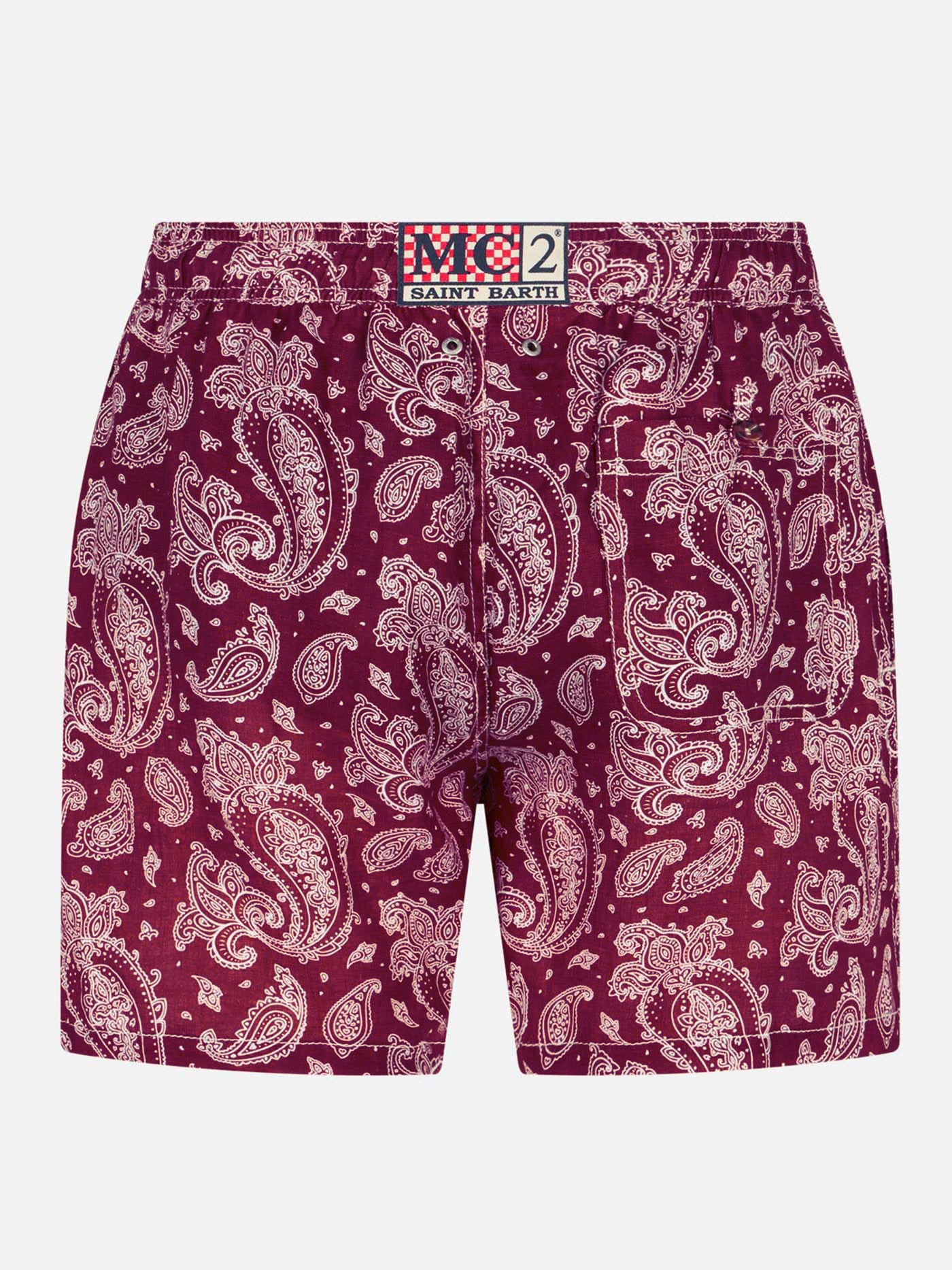 Costume da bagno da uomo in tessuto leggero con stampa paisley bordeau