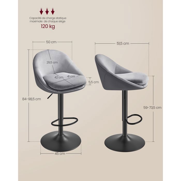 Sgabello da bar, set da 2, regolabile in altezza, girevole a 360°, con schienale, base e poggiapiedi, in acciaio, grigio tortora