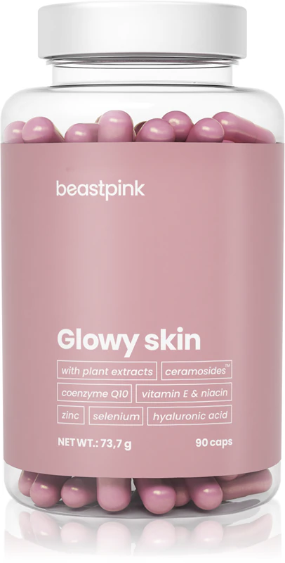 Cápsulas do suplemento alimentar BeastPink Glowy Skin que proporcionam à pele uma aparência radiante.