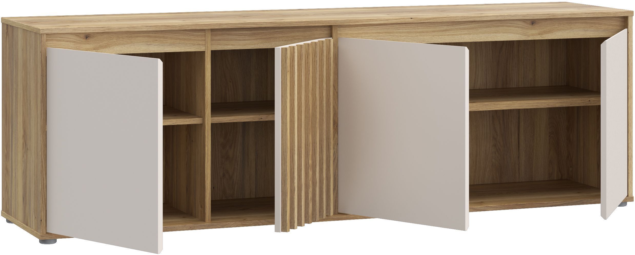 Meuble TV ELISTON – Blanc Mat & Chêne – 4 Portes – 174,3 × 41,5 × 56,1 cm