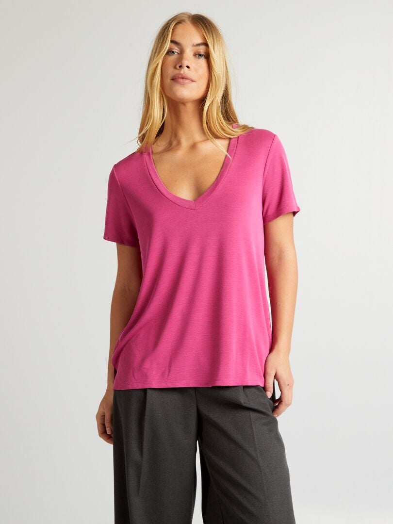 Stretch T-shirt met V-hals - ROZE