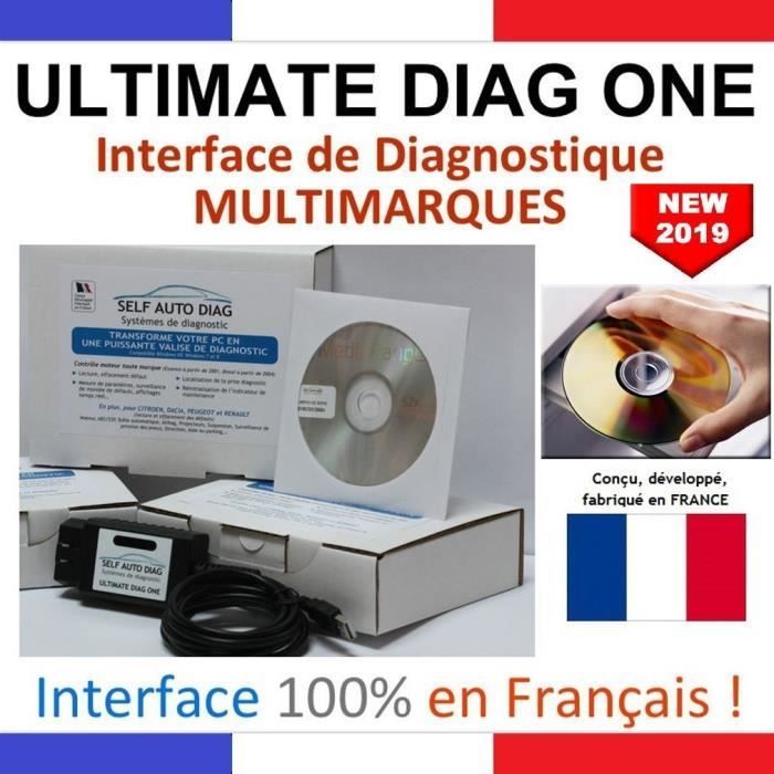 Herramienta de diagnóstico automotriz ULTIMATE DIAG ONE: interfaz de diagnóstico OBD multimarca y software SELF AUTO DIAG distribuido en CD-ROM.