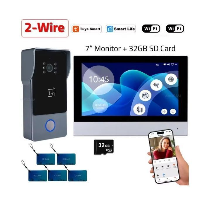 1080p-WLAN-Video-Türsprechanlage – 7-Zoll-Touchscreen – 2-Draht-Türsprechanlage – Fernentriegelung & IC-Karten – Tuya-App – IP65 – Tiducel