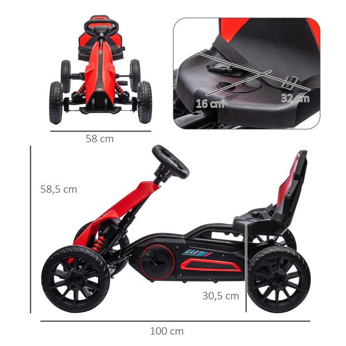 HOMCOM - Kart à pédales pour enfants - Plastique - 100x58x58.5cm - Rouge