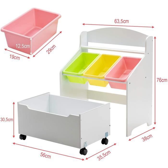 DEAMADE Coffre à Jouets pour Enfant avec 3 Palettes, Boîte de Rangement en Bois, Agés de 3 à 8 ans, pour Jouets, Livres, Blanc