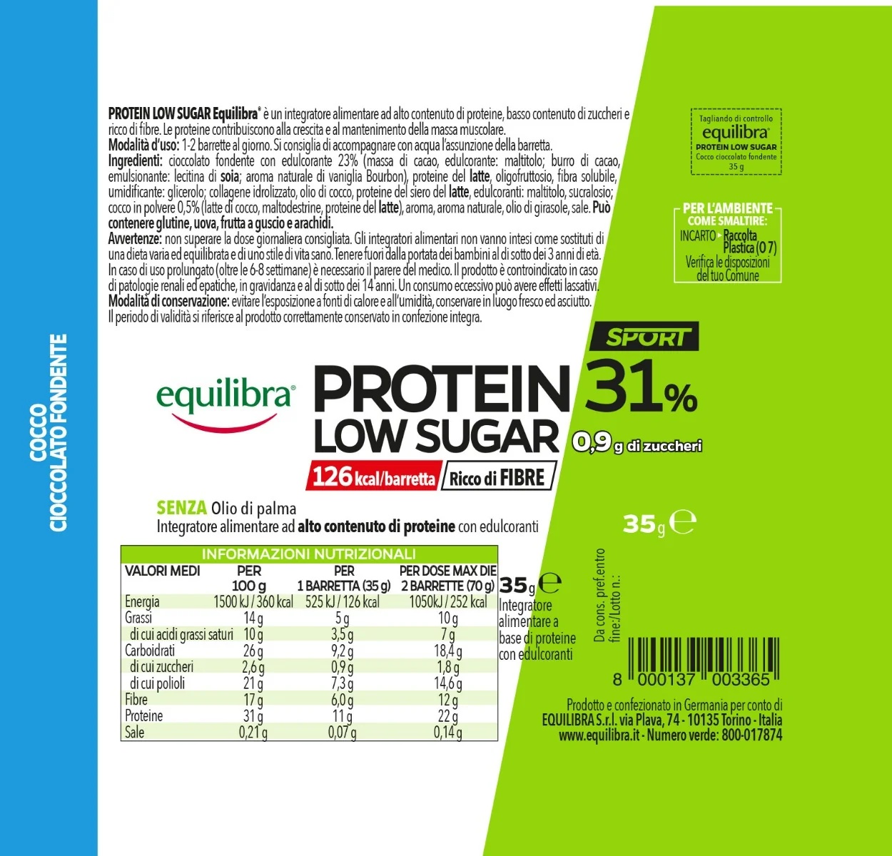 Equilibra Equilibra Protein 31% met een laag suikergehalte, kokos en pure chocolade, reep van 35 g, eiwitrijke snack